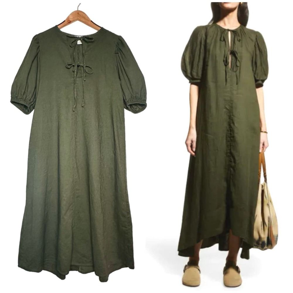 H&M | Women | Linen Blend Olive Tie Neck Lagenlook Maxi Tunic Dress | Small